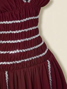 SHEIN ICON Damen Rotes Paillettenbesatz Geraffter Mehrlagiger Rüschen Saum Taillengegürtetes Party Minikleid - Rot - Übersicht 7