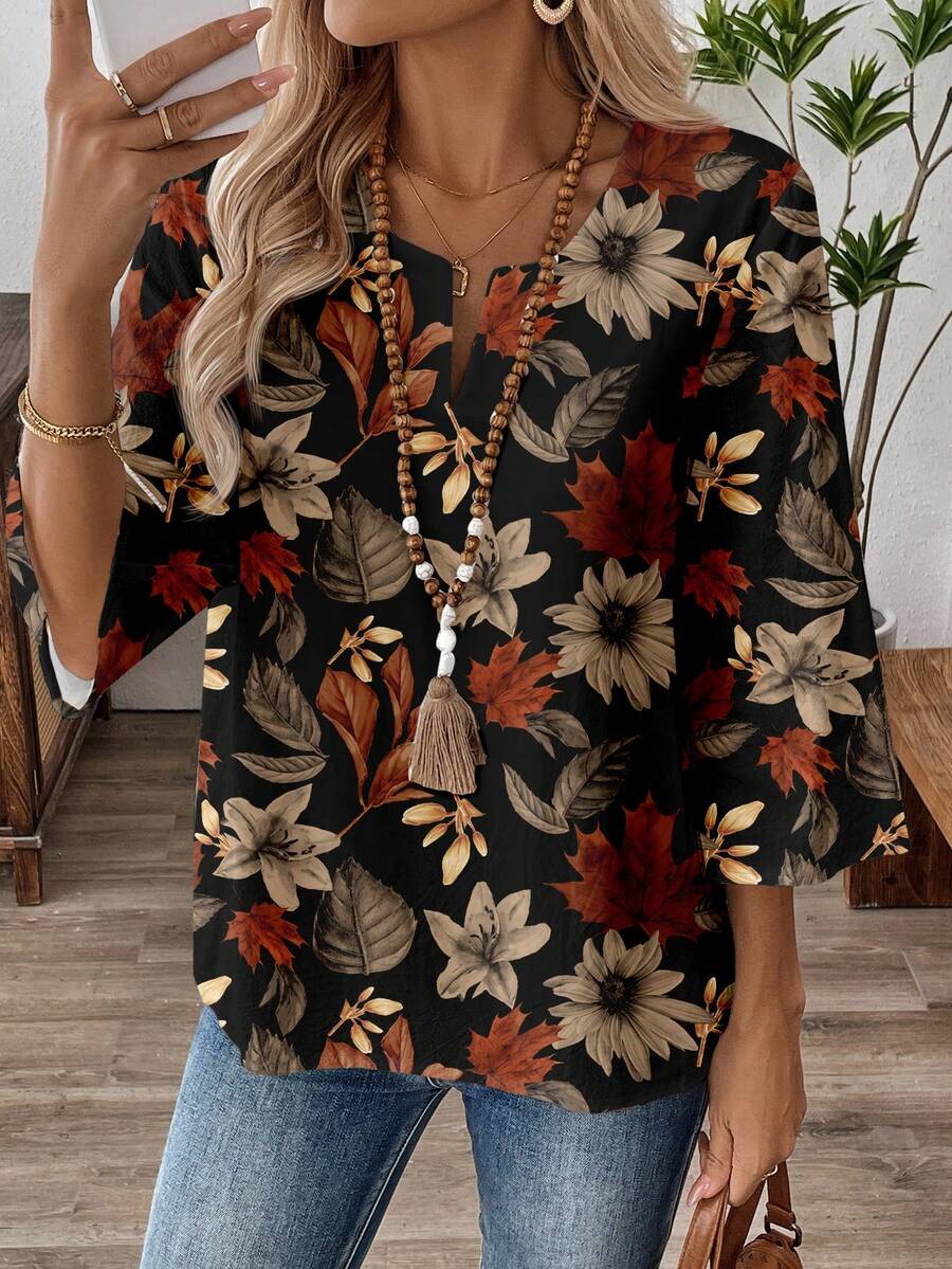 EMERY ROSE Women's 3/4 Sleeve V-Neck Work Blouse, Fall/Winter - Multicolor - View 1