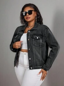 SHEIN SXY Áo khoác denim dài tay màu trơn cỡ lớn dành cho nữ, kiểu dáng thường ngày, thích hợp cho mùa đông. - màu đen - Xem 5