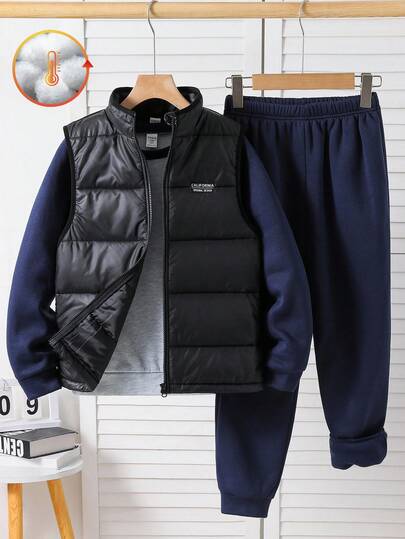 SHEIN 3 件套儿童/青少年男童休闲运动街头图案字母印花圆领宽松羊毛运动衫、裤子、绗缝加厚背心外套冬季服装套装，适合学校、花园、海滩、生日、春季、夏季、秋季、冬季