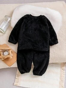 2pcs Young Boy Cute Panda Design Fleece Long Pants And Long Sleeve Pajama Set Fall Winter - Multicolor - View 2