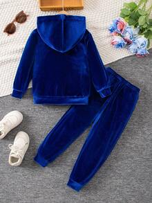 SHEIN Elladie kids 2件套女童休闲运动舒适长袖连帽服装，秋季 - 藏蓝色 - 查看 2