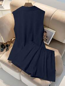 Franclia 大码双排扣无袖上衣和短裤优雅两件套 - 藏蓝色 - 查看 2