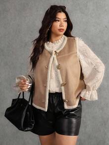Elaquor Plus Size Casual Versatile Sleeveless Jacket, Autumn/Winter Western Jacket - Camel - View 3