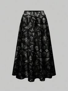 ROMWE Goth 加大码深色森林万圣节骷髅、飞蛾、蝙蝠印花宽松半身裙