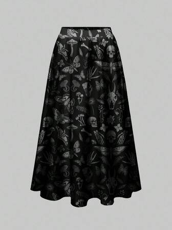 Goth Falda holgada con estampado de esqueleto, polilla y murciélago de bosque oscuro para talla grande en Halloween