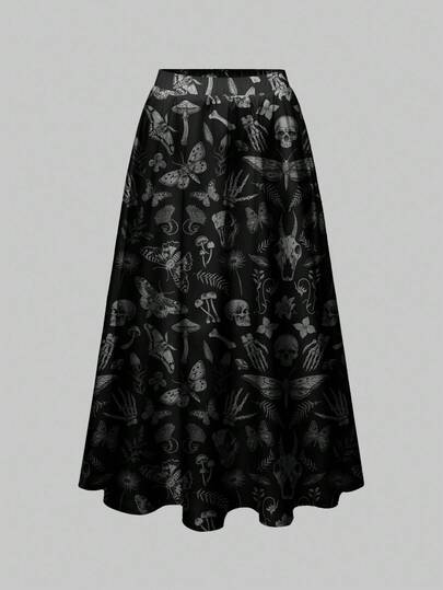 Goth Plus Size Dark Forest Halloween Skeleton, Moth, Bat Print Loose Fit Skirt