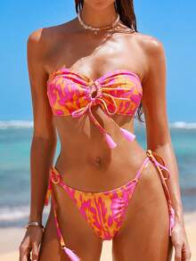 Swim Vcay Summer Beach Allover Print Tassel Drawstring Bandeau Bikini Set - Multicolor - View 4
