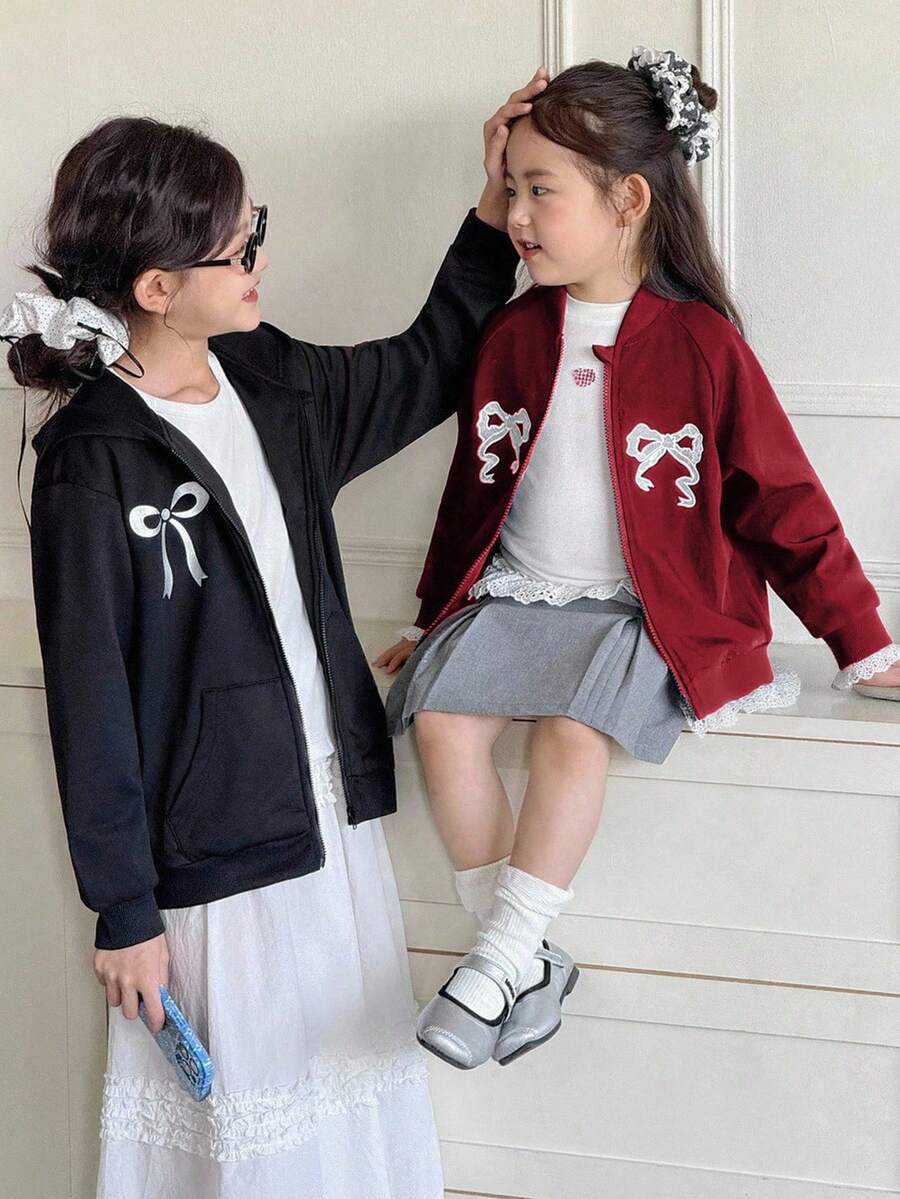 Genkimix Kids 女童休闲时尚运动插肩袖宽松蕾丝蝴蝶结刺绣贴花蕾丝边甜美时尚夹克 - 酒紅色 - 查看 1