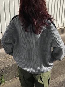 FRIFUL Women Solid Color Splice Front Zipper Long Sleeve Casual Sweater,Fall Clothes - Grey - View 2