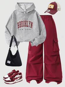 Sparklyn 2 件青少年休闲时尚针织纯色正面图案字母印花插肩袖连帽衫和工装裤运动服套装