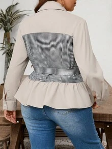 Lacomfia Chaqueta larga de mujer de talla grande, elegante, casual y cómoda con diseño de patchwork - Caqui - Ver 2