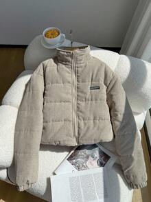 Sparklyn Teen Girl Casual All-Match Versatile Daily School Autumn/Winter Stand Collar Drop Shoulder Corduroy Quilted Short Padded Coat Fall