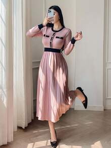 DAZY 女士优雅圆领纽扣腰针织毛衣连衣裙（配领带），秋冬 - 粉色 - 查看 1