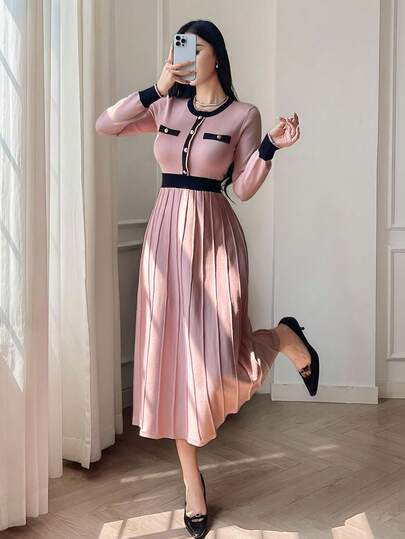 DAZY Vestido de suéter de punto con cuello redondo, cintura con botones y corbata, elegante para mujer, otoño/invierno