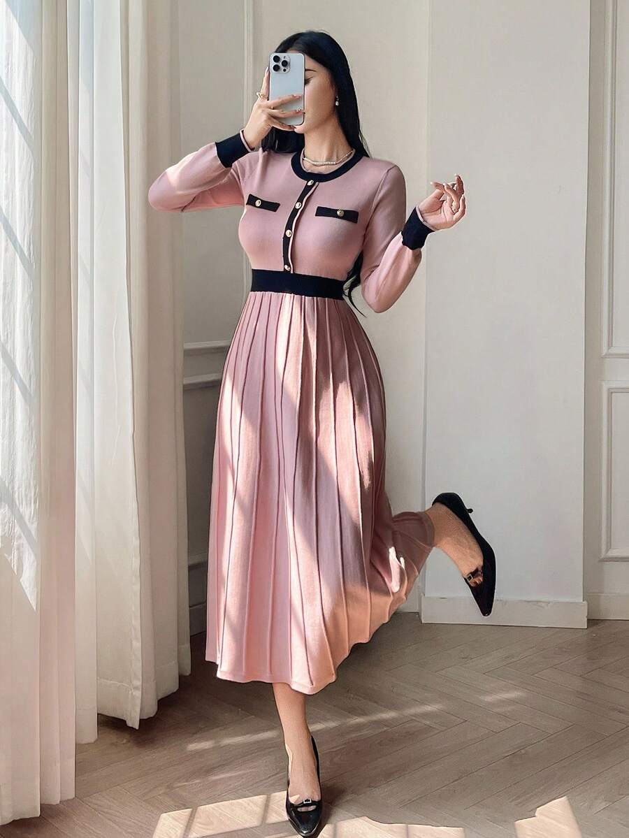 DAZY 女士优雅圆领纽扣腰针织毛衣连衣裙（配领带），秋冬 - 粉色 - 查看 1