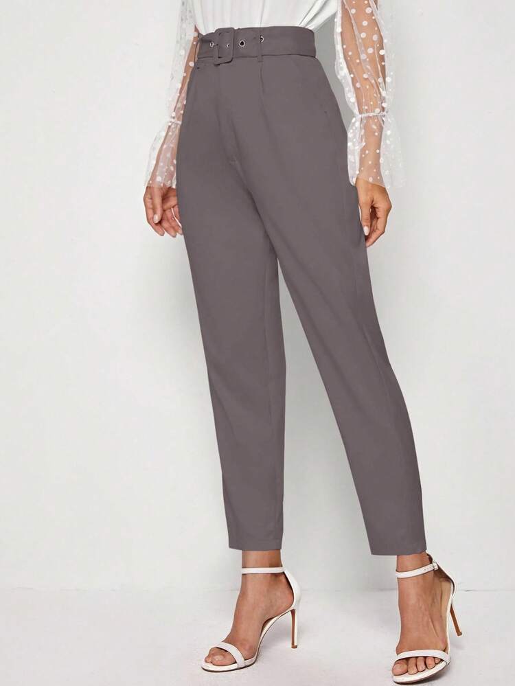 RosyDaze Casual Versatile Solid Color High Waist Suit Pants Gray Pants Office Pants Women Pants Ankle Pants Belted Pants - Dusty Purple - View 3