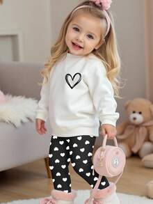 SHEIN Happikins Baby Girl Casual Cute Mini Polka Dot & Heart Print Soft Thick Crew Neck Long Sleeve Sweatshirt And Leggings Set, Suitable For Autumn/Winter Fall Baby Girl Heart Outfit Baby Clothes Girl Black White And Pink Baby Girl Winter Clothes Baby Girls Sets Baby Girl Clothes Spring Fall Clothes Baby Girl - Multicolor - View 1