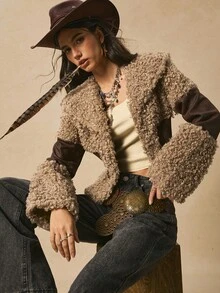 Easelle Áo khoác nữ dáng rộng cổ điển bohemian du mục thắt eo, cổ áo rộng, áo khoác tua rua, quần áo ngoài trời cho nữ, trang phục phương Tây cho nữ, áo khoác lông cho nữ vào mùa thu/đông - màu nâu - Xem 4