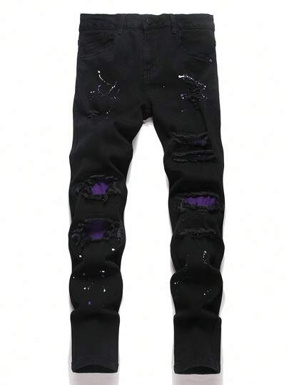 Manfinity Hypemode Men's Gothic Punk Black Skinny Long Denim Jeans With Purple Colorblock And Zipper Avant-Garde Style Black Ripped Jeans Men
