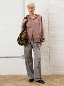 COUREZ 低腰直筒印花运动裤 / Y2K 风格外出穿搭 秋季女装 冬季服装 返校季 阔腿裤 灰色裤子 - 灰色 - 查看 2