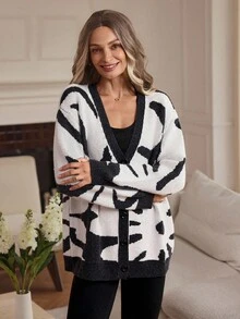 Louniche Black & White Floral Knitted Wool Cardigan For Women, Autumn/Winter - Black - View 3