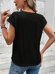 SHEIN LUNE Casual Minimalist Heart Pattern V-Neck Raglan Sleeve Women T-Shirt, Suitable For Summer,Casual - Black - View 2