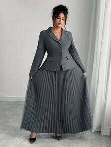 Franclia Plus Size Women French Style Casual Blazer & Mesh Midi Skirt 2 Pieces Set - Dark Grey - View 7