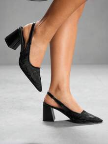 CUCCOO SZL 女士时尚网眼刺绣尖头粗跟高跟鞋，适合通勤、约会、派对、度假、婚礼 - 黑色 - 查看 5