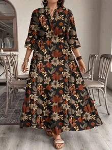 EMERY ROSE 大码复古枫叶印花休闲优雅连衣裙，适合秋冬季 - 彩色 - 查看 3