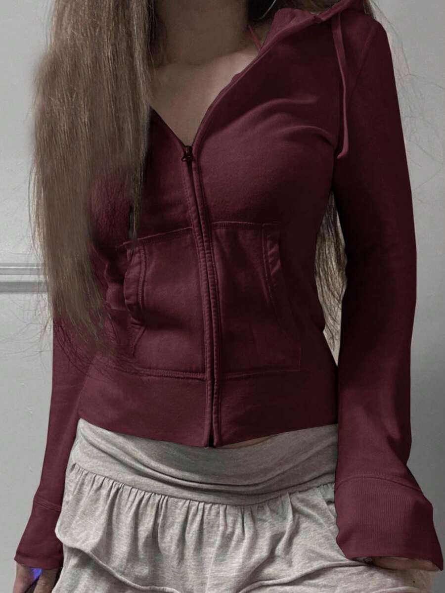 DAZY Autumn New Back To School Fitted Hooded Women Sweatshirt Sweatshirt Jacket - Burgundy - View 1