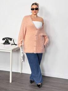 Truni Plus Size Women Pink Knitted Cardigan, Long Sleeve Long Style Knit Sweater Jacket In Fall/Winter, For Pear & Triangle Body Shape - Pink - View 7
