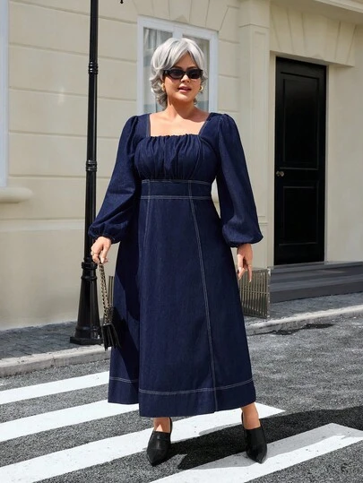 EMERY ROSE Plusstorlek Dam Elegant Enfärgad Tvättad Denimklänning