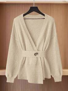 GlowEve Cardigan Wanita Polos Sederhana dengan Hem Asimetris, Musim Gugur/Dingin - Aprikot - View 4