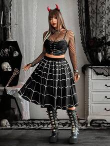 Whyspr Váy xòe cạp chun co giãn phong cách mạng nhện Gothic tối màu cổ điển mới, hóa trang Halloween - Đen và trắng - Xem 3