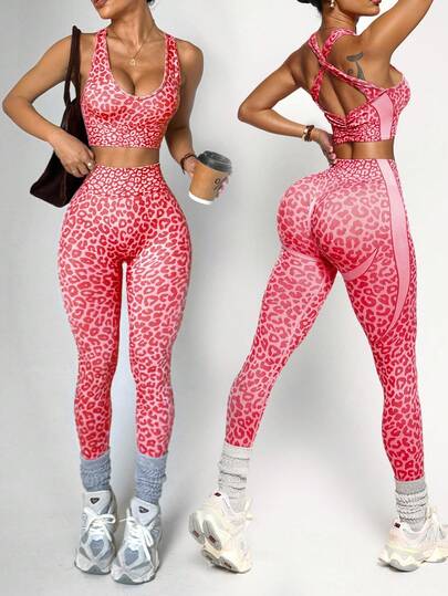 Slayform 大胆红色运动套装，适合训练，采用纹理设计和裹身款式，豹纹印花健身套装，两件套健身套装，女士运动套装，配套健身套装，女士 2 件套健身套装