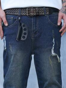 Manfinity EMRG 男式口袋做旧褶皱紧身休闲牛仔裤 - 中等水洗藍 - 查看 7