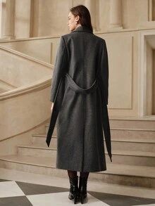 Anewsta Essential 女士优雅炭灰色中长款系带羊毛混纺大衣，适合秋季、冬季、外出、正式场合、派对、时尚、新年、圣诞节、工作、毕业典礼、婚礼等场合穿着。 - 深灰色 - 查看 2