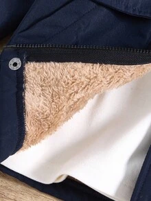 Baby Boy Casual Comfortable Versatile Faux Fur Trim Hooded Jacket, Thermal Lined, Contrast Color Cargo Pockets, Zipper, Mid-Length Winter Coat, Suitable For Home & Outdoor