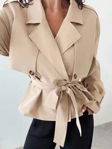 Firerie Áo khoác trench coat màu trơn thanh lịch dành cho nữ mùa thu đông - Màu be - Xem 8