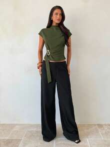 Aloruh Coffee Metal Buckle Decor Women's Stand Collar Short Sleeve Cropped Fashionable Commuter Shirt - Army Green - View 3