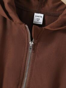 SHEIN Elladie kids 1件女童純色休閒連帽外套，腰部設計，適合秋冬穿著，適用於學校、戶外活動、家庭聚會，保暖舒適，棕色連帽夾棉外套，女童秋冬外套衣 - 棕色 - 查看 7