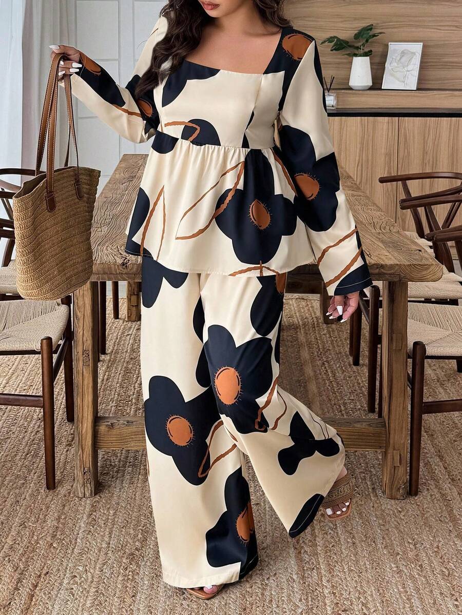 Weeklong Plus Size Women Floral Print Ruffle Hem Square Neck Shirt And Pants Set - Multicolor - View 1
