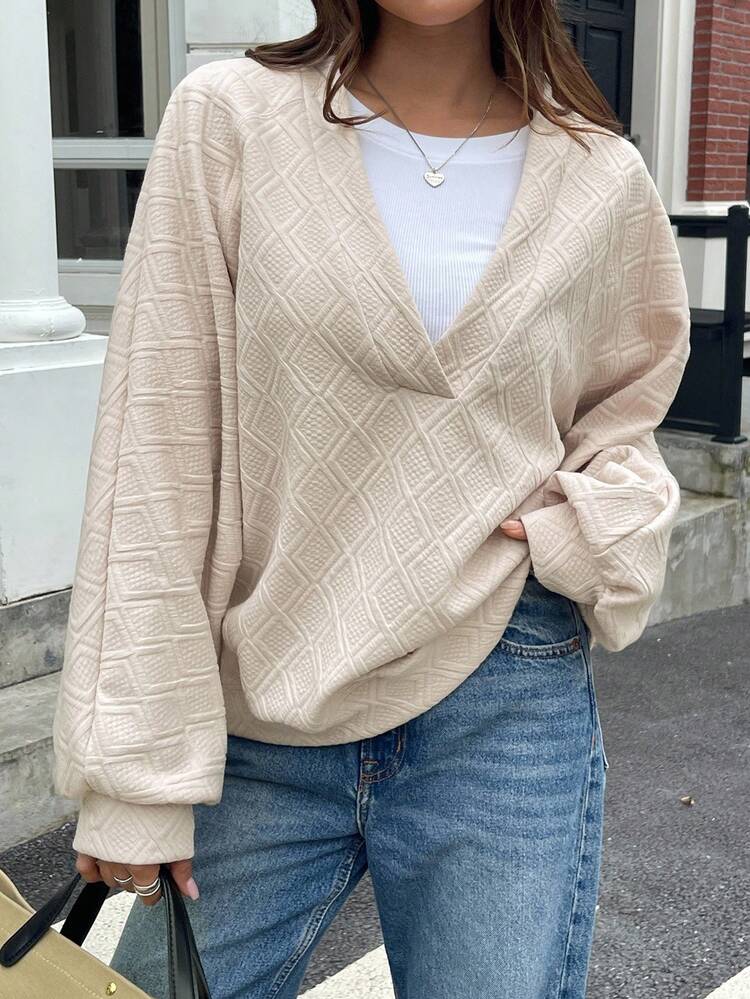 Solid Color Loose Fit V-Neck Thick Textured Fabric Long Sleeve Casual Street Style Women Sweatshirt, Autumn/Winter