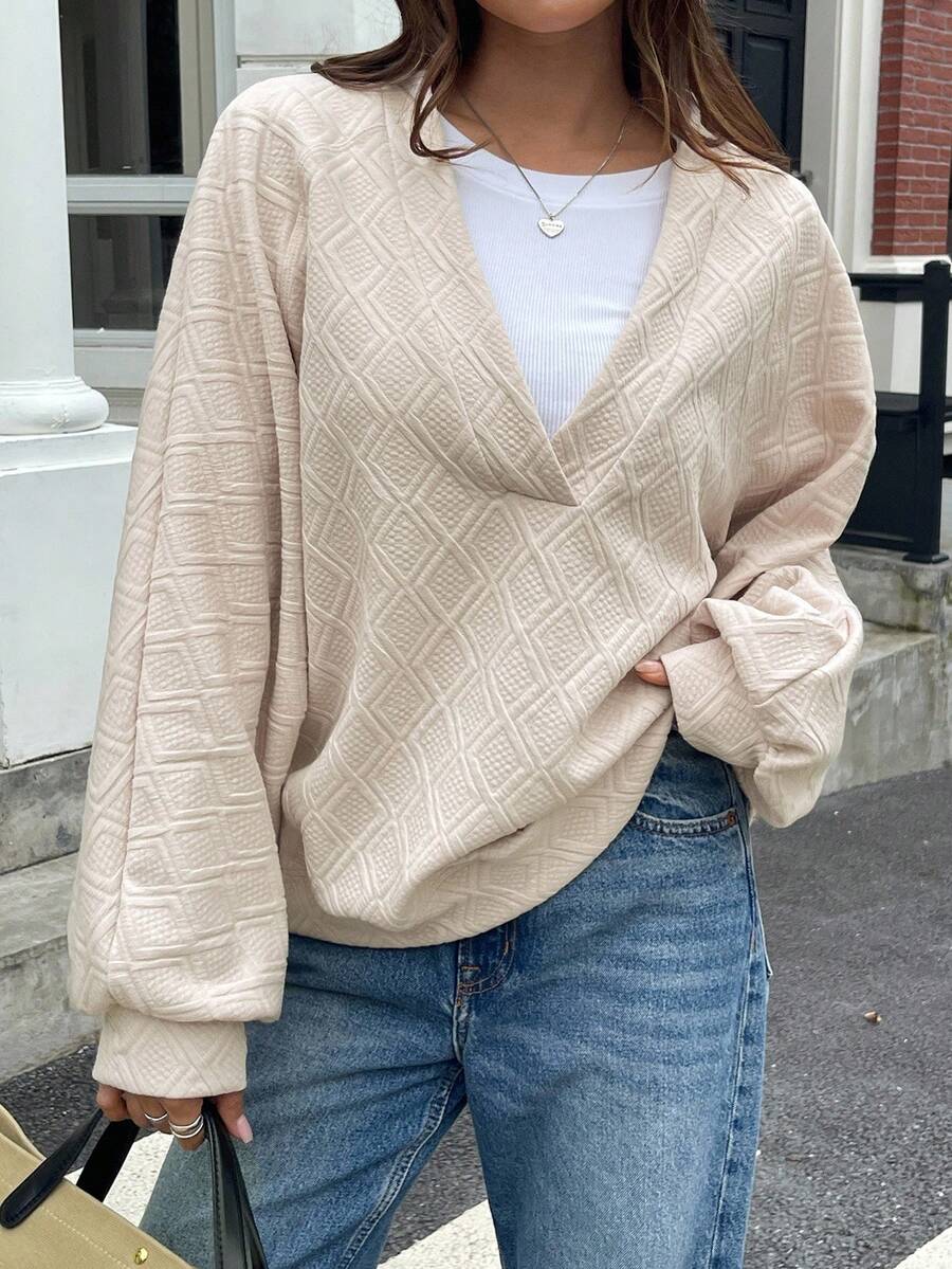 DAZY Áo nỉ nữ tay dài vải dày họa tiết cổ chữ V dáng rộng màu trơn phong cách đường phố thường ngày, mùa thu/đông - Màu be - Xem 1