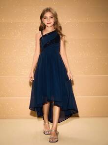 青少年女孩时尚派对不对称下摆肩部连衣裙，派对装 - 藏蓝色 - 查看 3