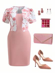 Ellevyn Rochie elegantă de petrecere, mărime plus, cu imprimeu floral, petice, mâneci bufante, mulată, 2 în 1, ținută de Ziua Îndrăgostiților, Rochie de femeie, Rochii western pentru femei, Rochie de Paște pentru femei, Ținute elegante pentru femei, Rochii formale pentru femei