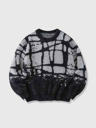 Street Life Men's Casual Everyday Contrast Color Crew Neck Loose Knit Sweater, Autumn/Winter, Grunge Style