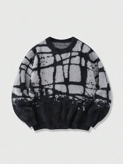 Street Life Men's Casual Everyday Contrast Color Crew Neck Loose Knit Sweater, Autumn/Winter, Grunge Style