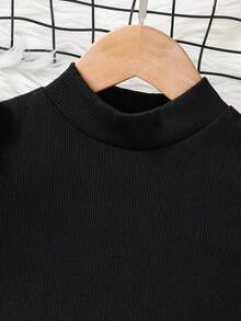 Emery Rose Kids Emery Rose Kids Young Girl Fitted Vintage Gigot Sleeve Mock Neck T-Shirt, Sport Style ,Great For Casual & Daily Wear & School Daily In Autumn & Winter, Cool Street Style, Daily Wear, School Daily , Halloween, Y2k , Casual & Cute, Sisters, Mom And Daughter Matching, Black - Black - View 5